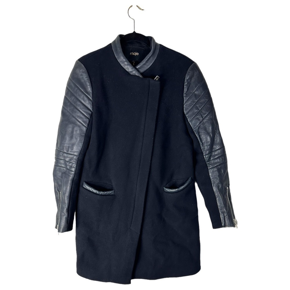 Maje Wool & Calfskin Leathr Sleeve Asymmetrical Zip Coat SZ EU 38 M US